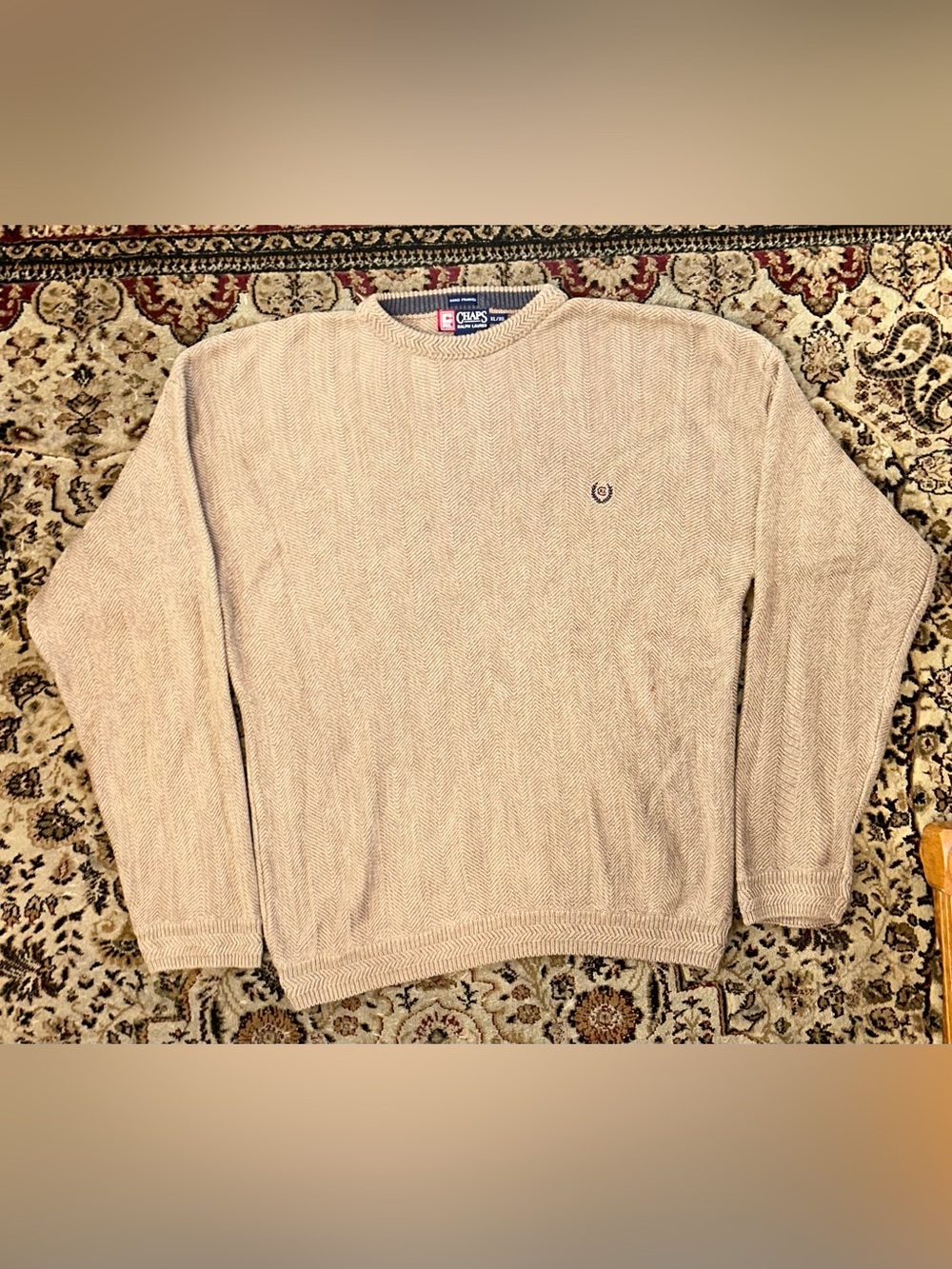 VTG 90 Chaps Ralph Lauren beige Herringbone Knit Sweater Men Crest Hand Frame